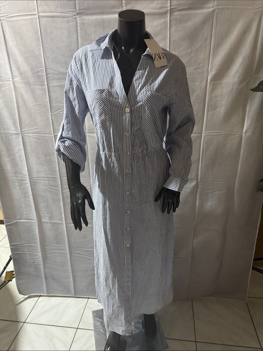 Zara Blue and White Striped Button-Front Shirt Dress
